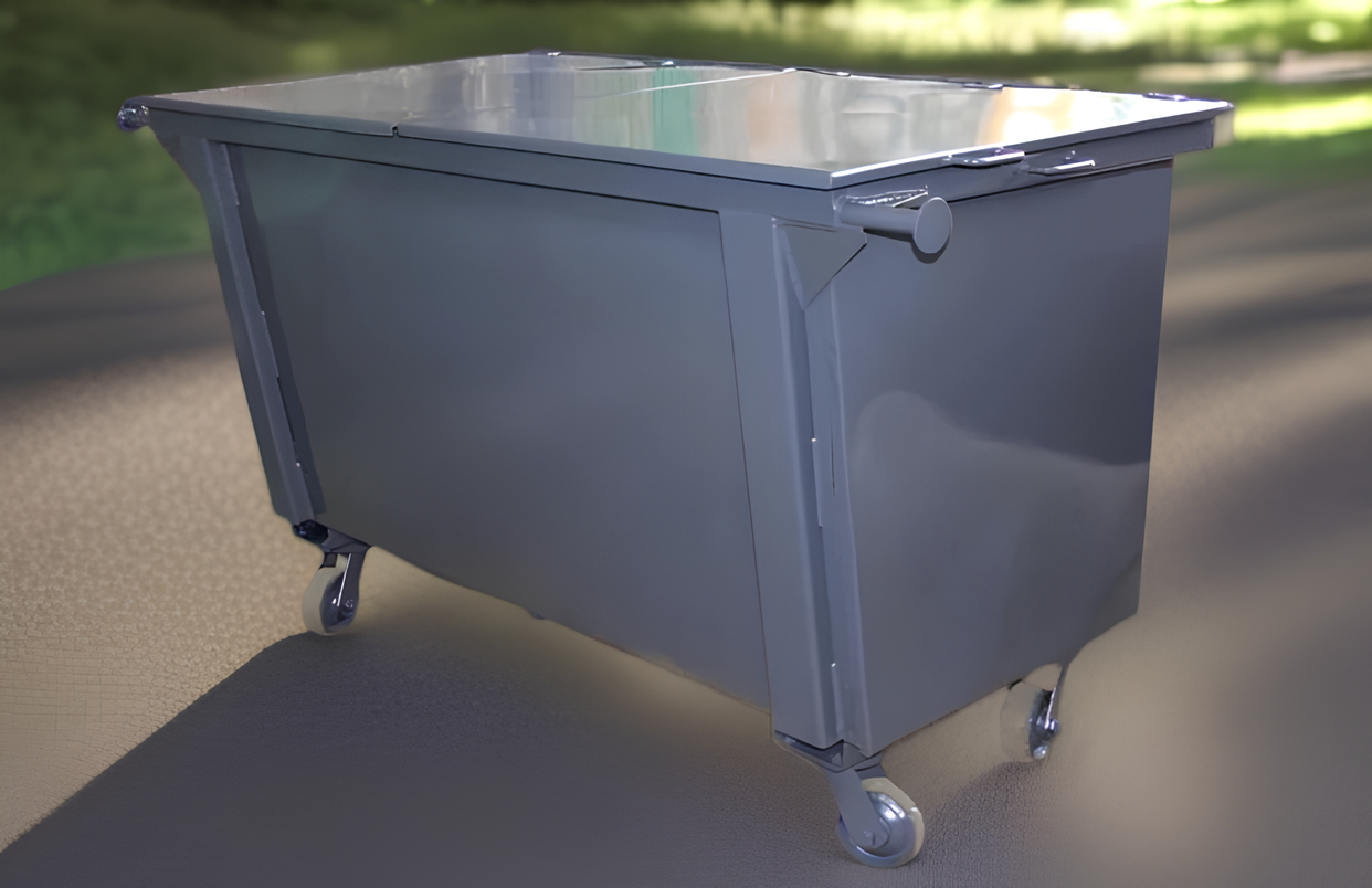 Container metálico cinza para resíduos com tampa e rodízios