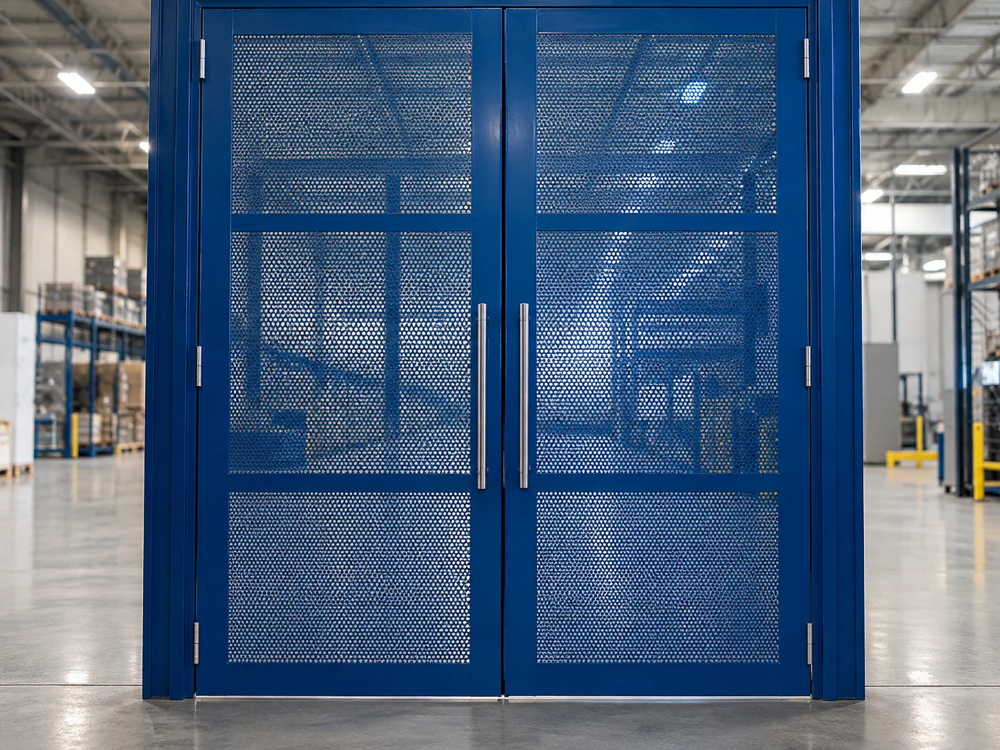 Porta metálica azul de duas folhas com painéis perfurados