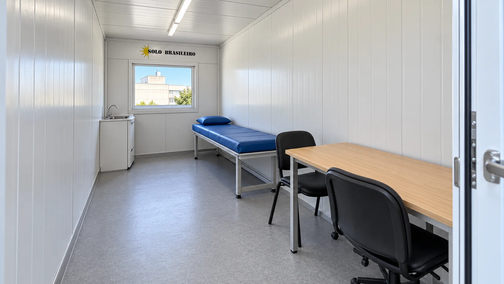 Container Ambulatório — interior frontal ilustrativo