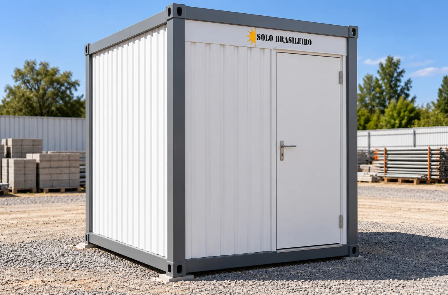 Ilustração do exterior de container banheiro individual, vista frontal