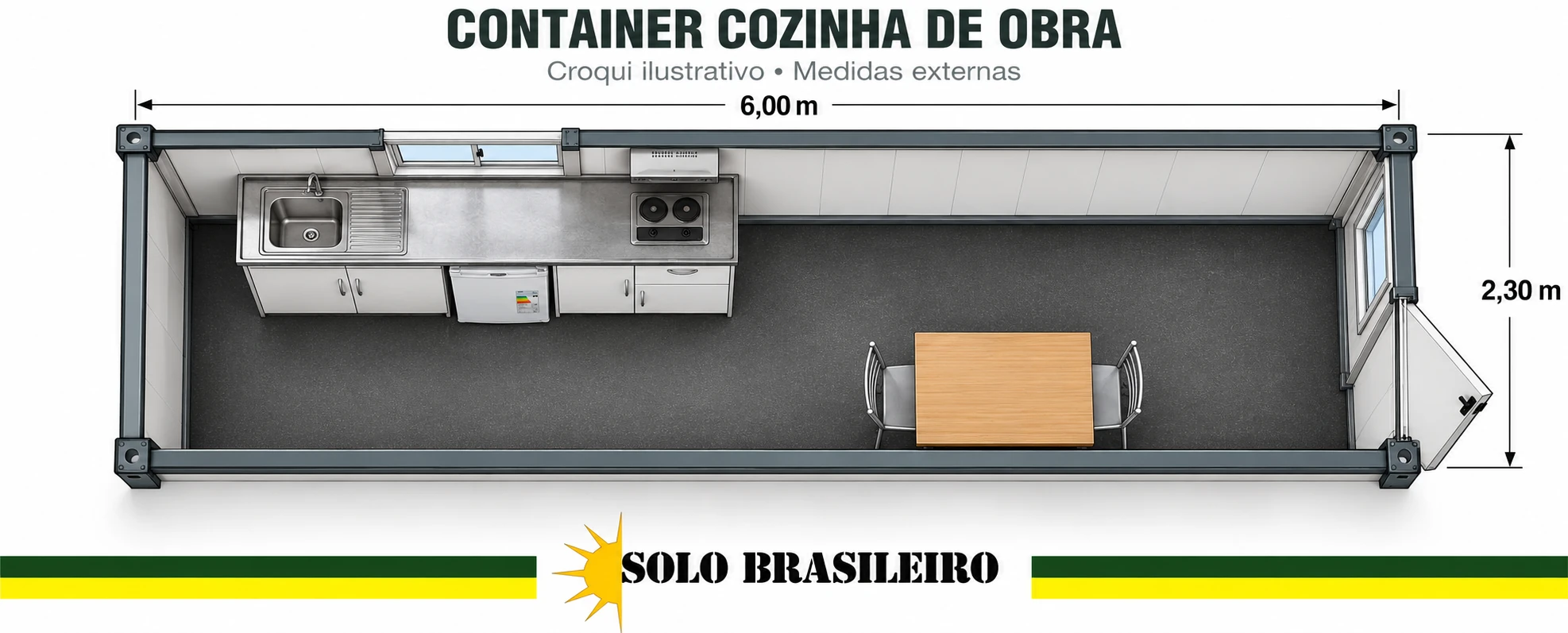 Croqui ilustrativo da distribuição interna de um container cozinha