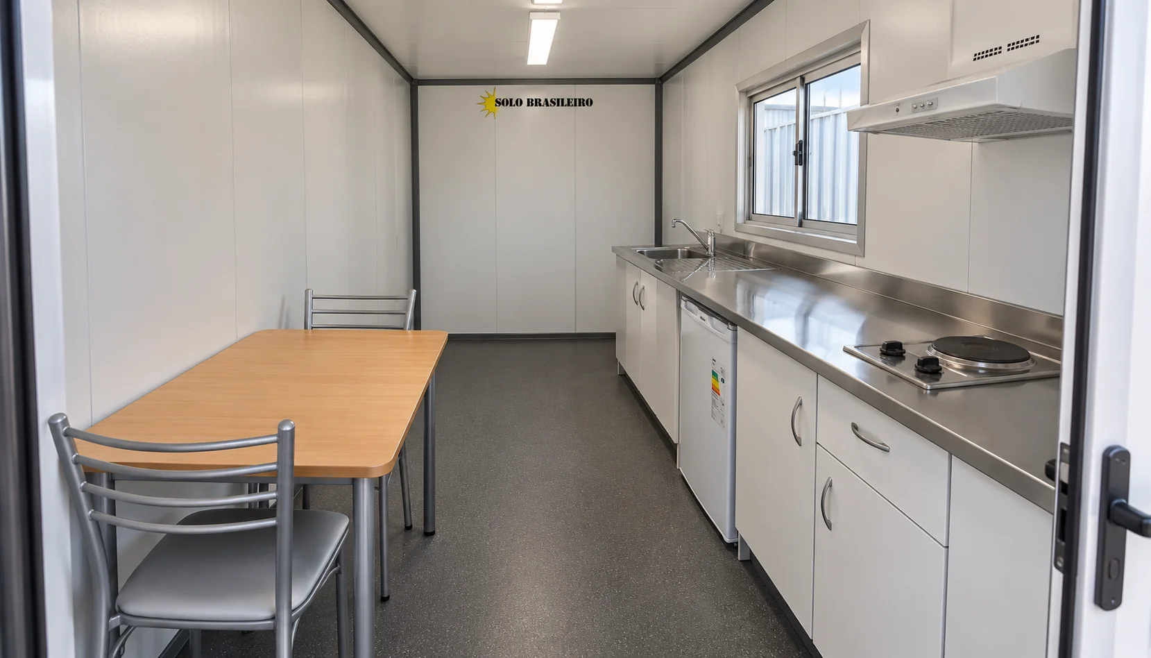 Ilustração do interior de container cozinha de obra, vista de entrada