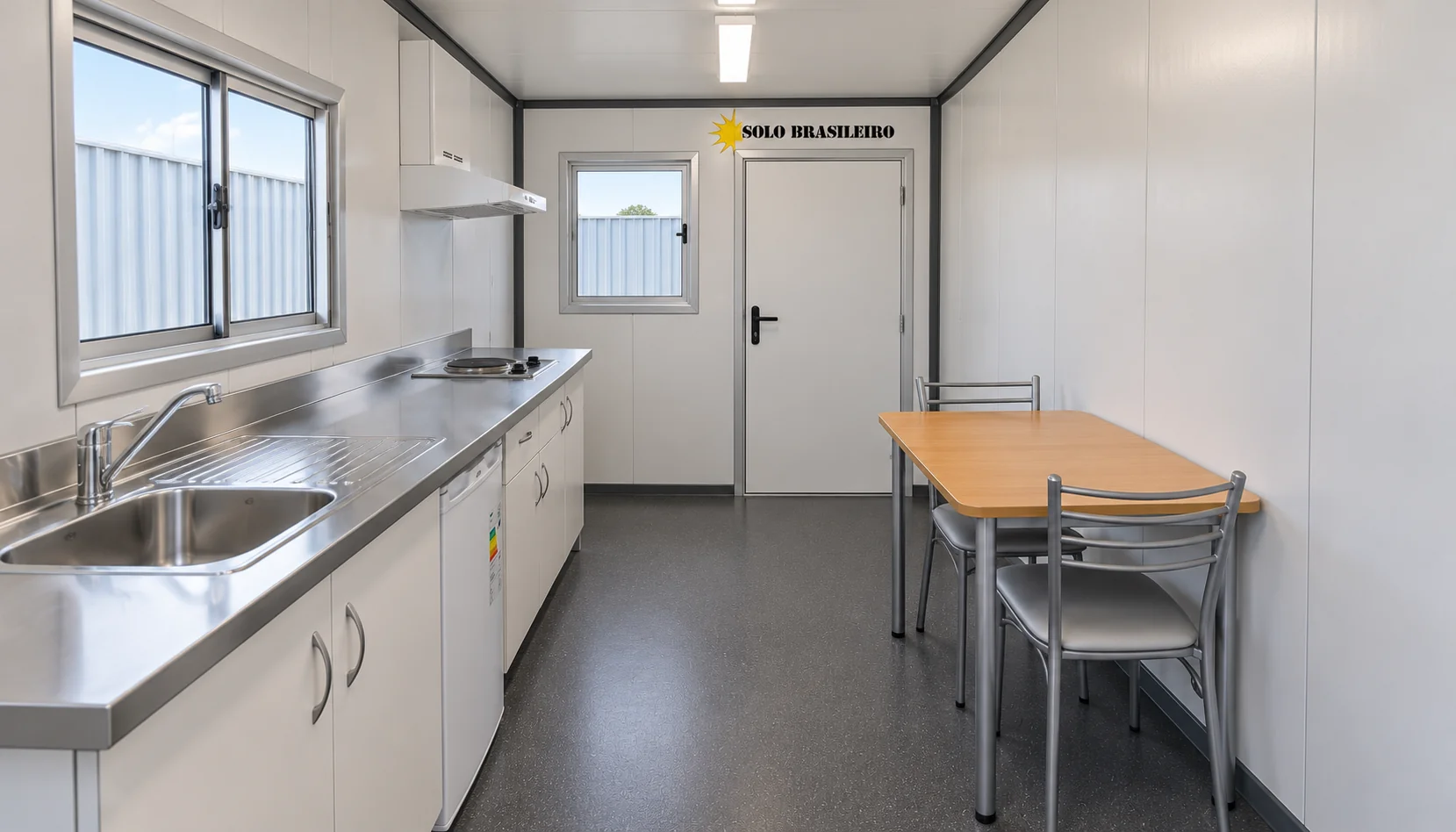 Ilustração do interior de container cozinha de obra, vista reversa