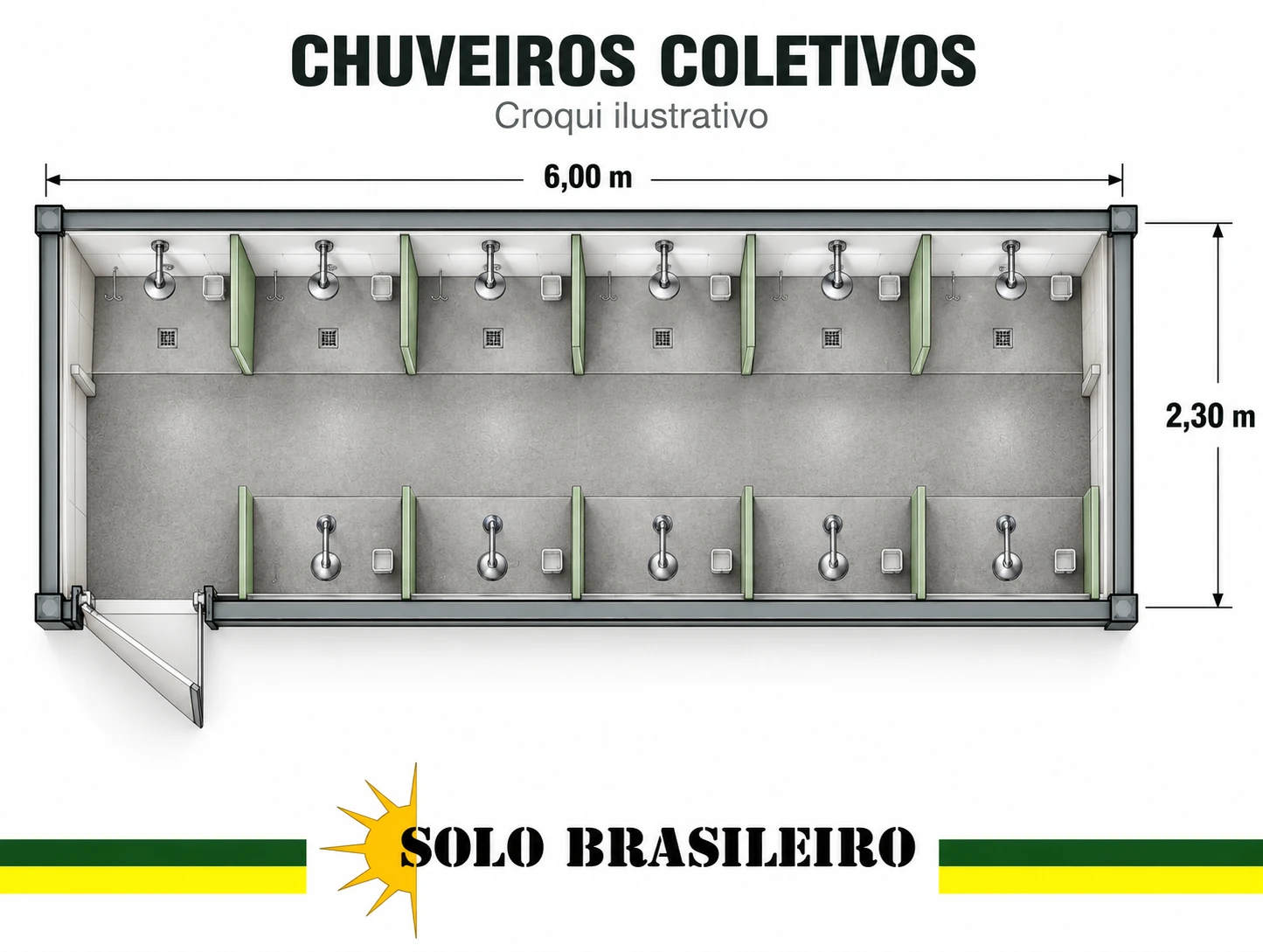 Croqui ilustrativo de um módulo com boxes de chuveiro