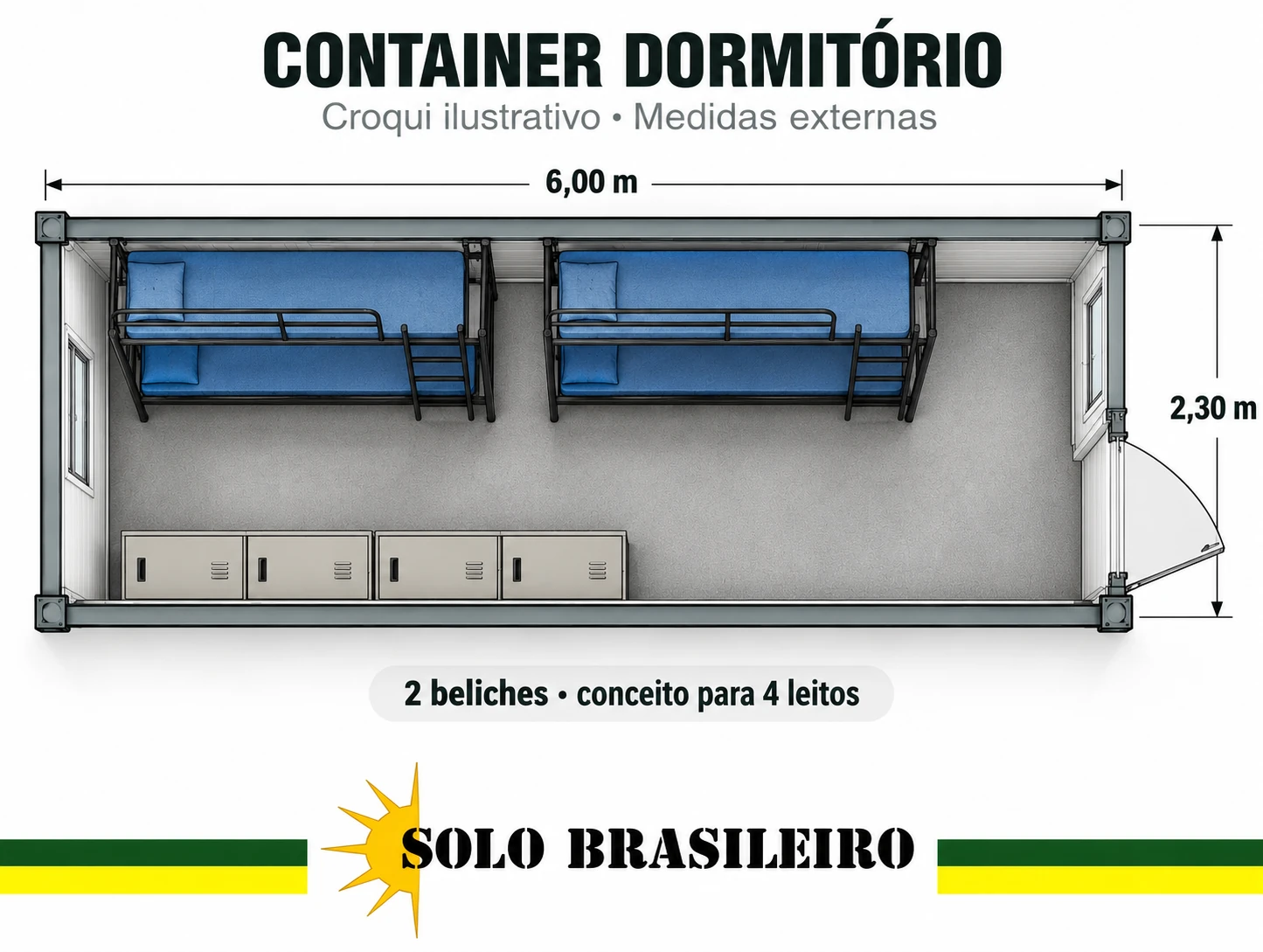 Croqui ilustrativo da distribuição de um container dormitório