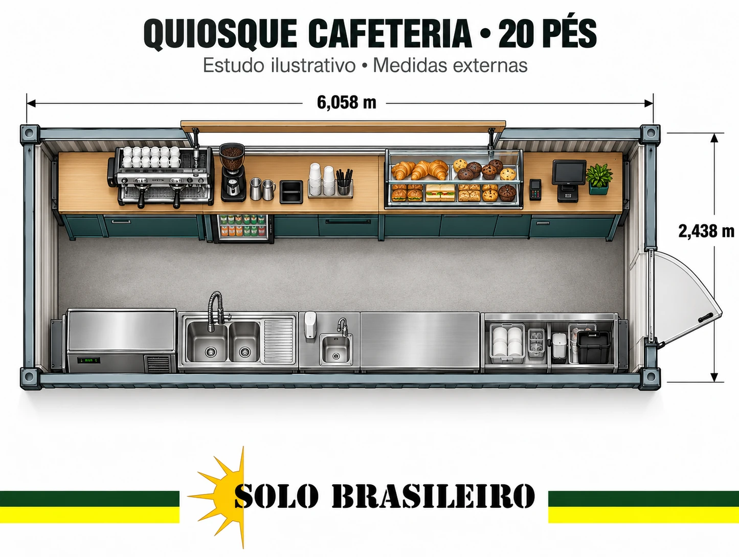Croqui ilustrativo de quiosque cafeteria com balcão de atendimento e bancada de apoio