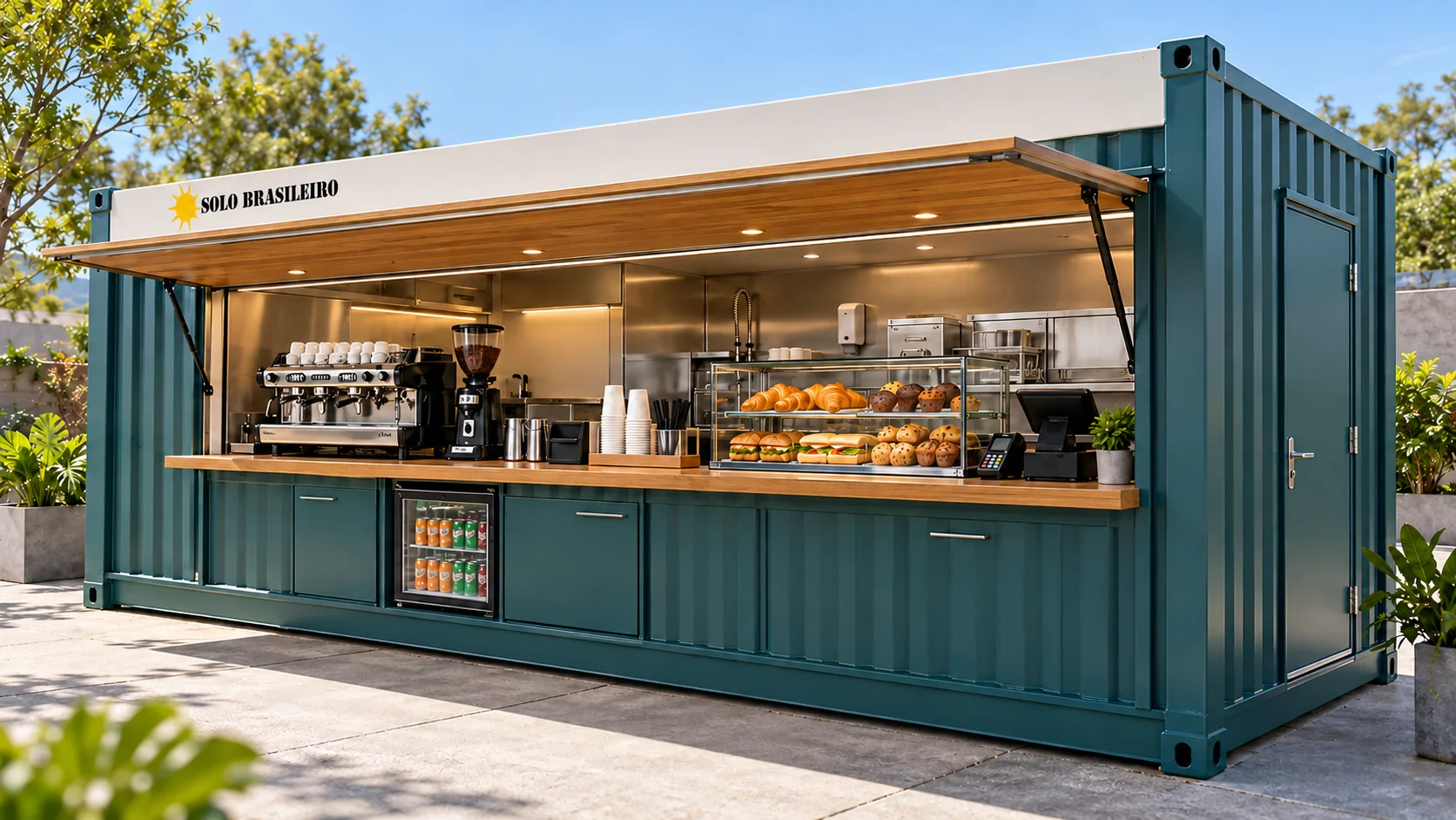 Ilustração de quiosque cafeteria em container marítimo com balcão frontal de atendimento