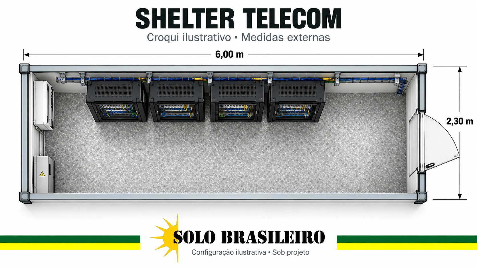 Croqui ilustrativo de shelter telecom com racks alinhados e corredor de manutenção