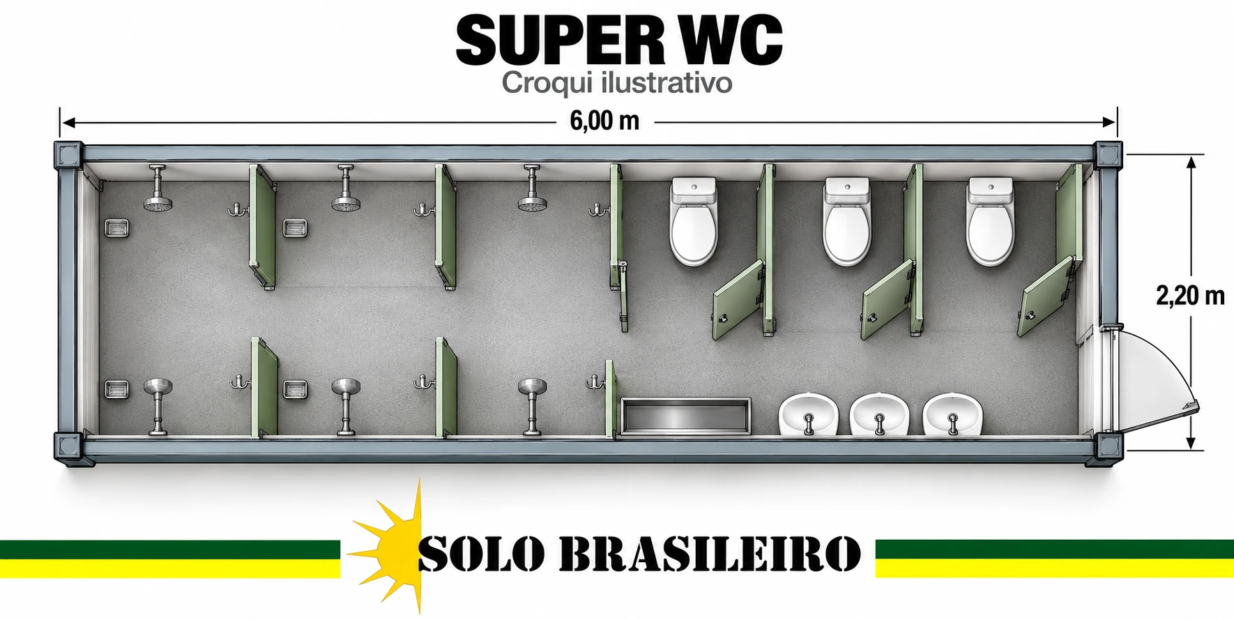 Croqui ilustrativo do banheiro Super WC com distribuição de peças sanitárias