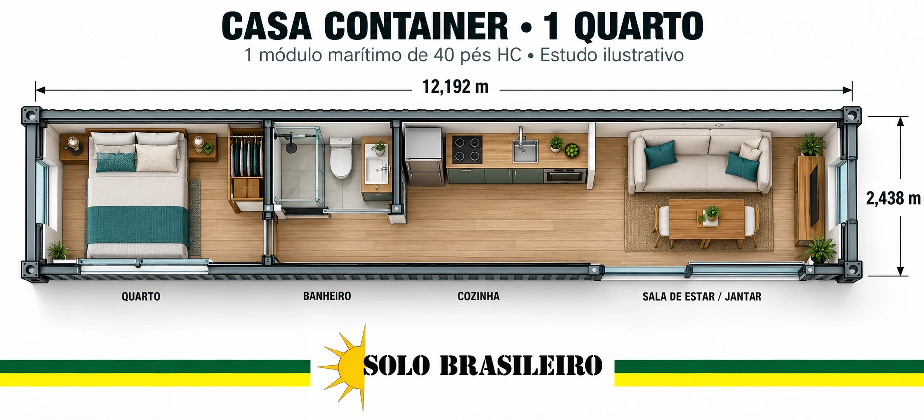Croqui ilustrativo de casa container com quarto, banheiro, cozinha e sala em um módulo