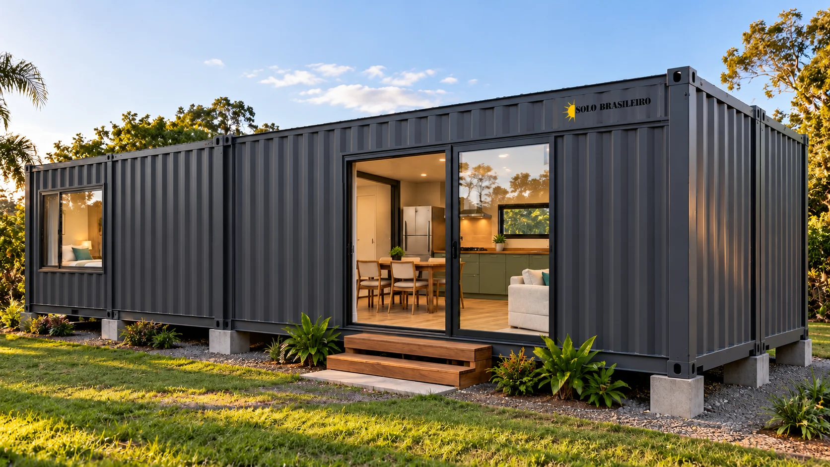 Ilustração do exterior de casa container de dois quartos, vista frontal