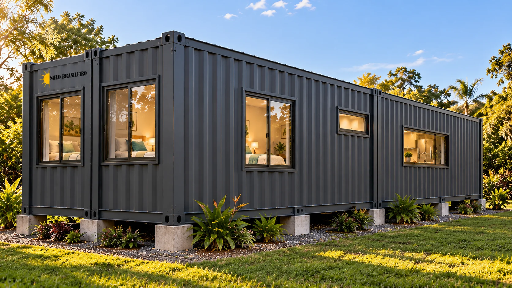 Ilustração do exterior de casa container de dois quartos, vista oposta