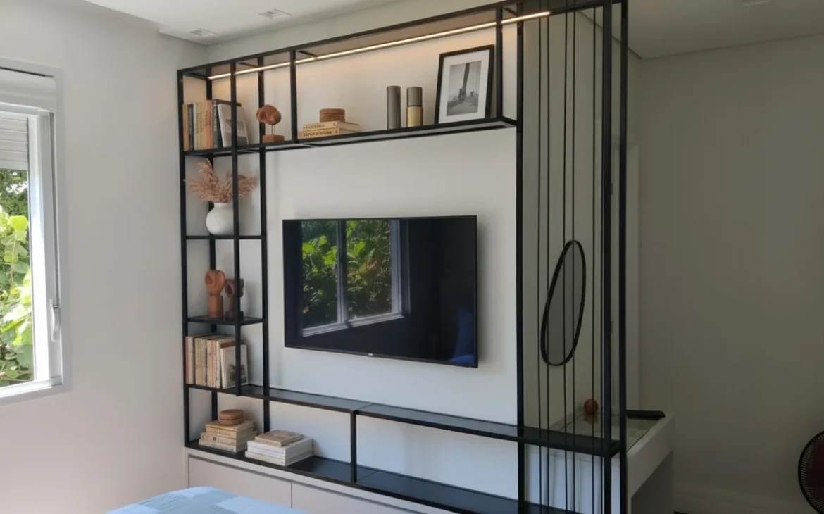 serviço de serralheria na Vila Invernada, Zona Leste de São Paulo - prateleira estilo moveis industriais - foi produzida para receber vidro temperado e os enfeites dando um toque minimalista e atemporal